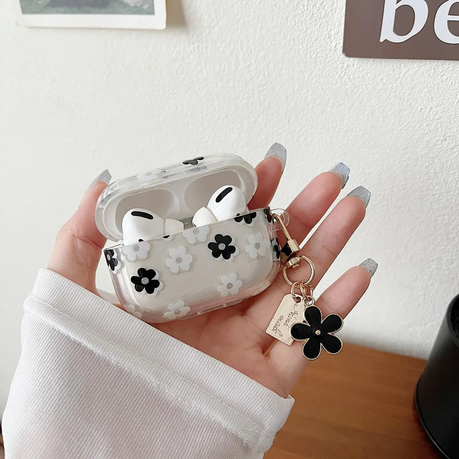Black Flower For Apple Bluetooth AirPods Pro 2nd Protective Case Transparent Soft Case For Airpods1/2/3 Generation With Keychain