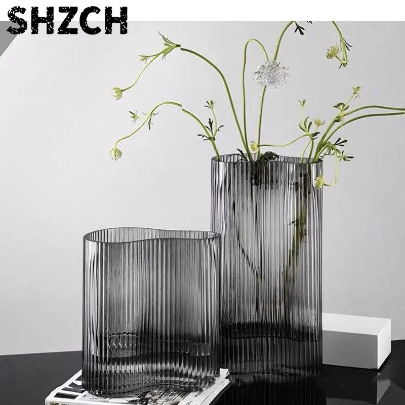 Large Diameter Vertical Grain Glass Vase Hydroponics Flower Pots Decorative Arrangement Desk Decoration Floral Vases