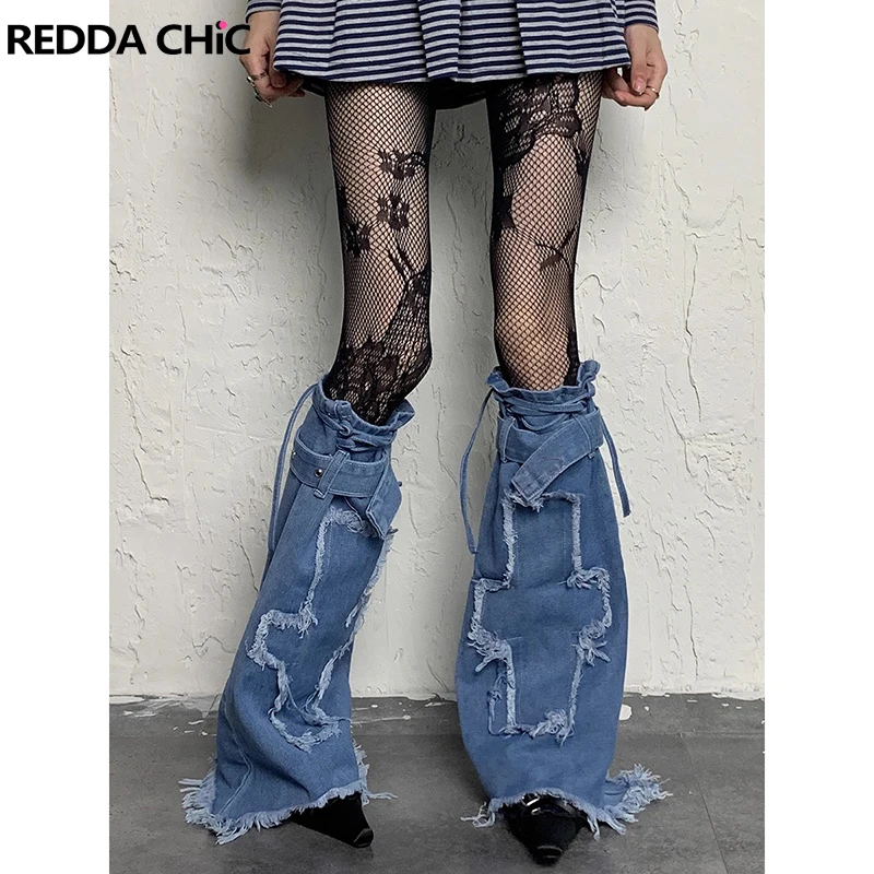 

ReddaChic Stitch Raw Edge Cross Женские гетры Джинсовые синие однотонные расклешенные ботинки с поясом Длинные носки Японская уличная одежда Y2k