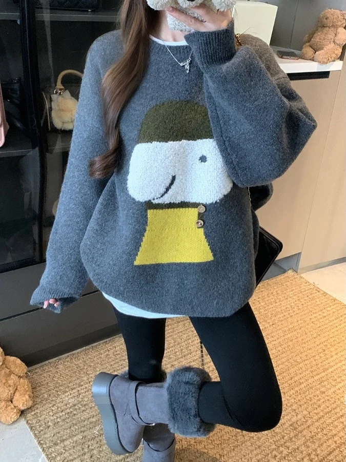 

Ladies Large Size Lazy Style Knitwear Winter New Cartoon Dog Towel Embroidery Anti-Aging round Neck Overhead Sweater
