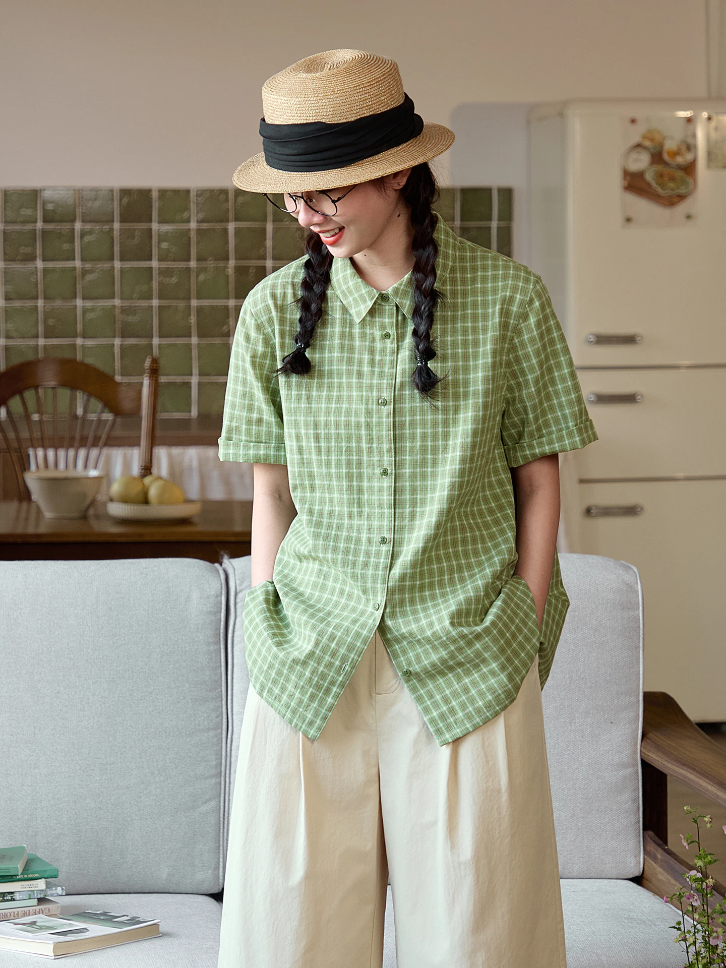 Original Design  Green Cotton Linen Plaid Women's Shirt Loose Short Sleeve Turn-down Collar Summer Fashion Vintage Style