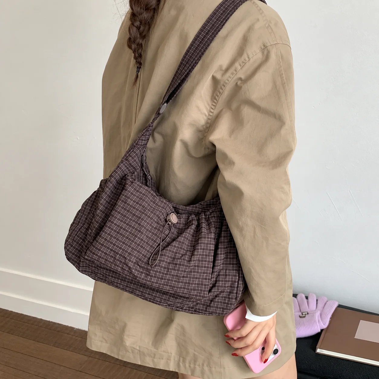 Casual Women'S Bag Zipper Closure Canvas Shoulder Bag Check Pattern Backpack Large Capacity Women'S Daily Bag For Daily Short