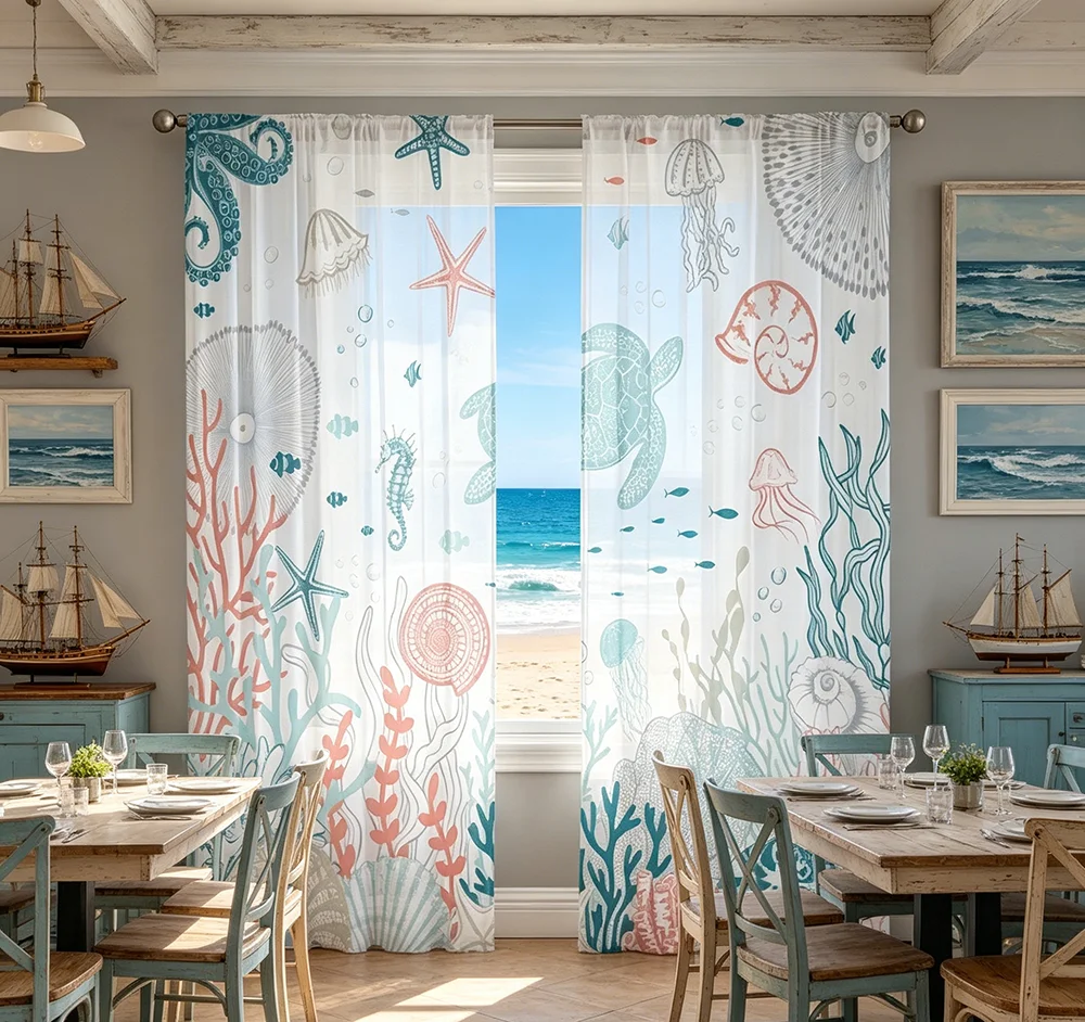 2PCS Digital Printed Sheer Curtain, Summer Ocean Sea Theme, Coastal Beach Nautical Vacation for Living Room Bedroom Home Decor