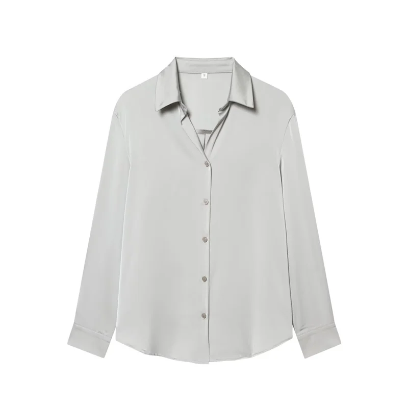 Camicia da donna Nuova struttura in raso Camicia a maniche lunghe di fascia alta in tinta unita Top da lavoro casual alla moda per donna