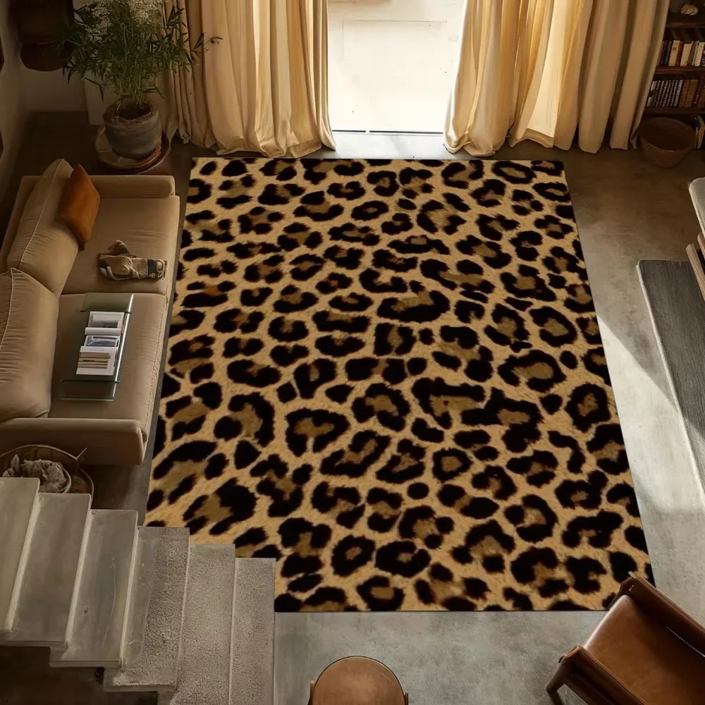 Tapis classique à imprimé léopard – motif animal noir, blanc et marron, pour la décoration intérieure du salon et de la chambre à coucher.