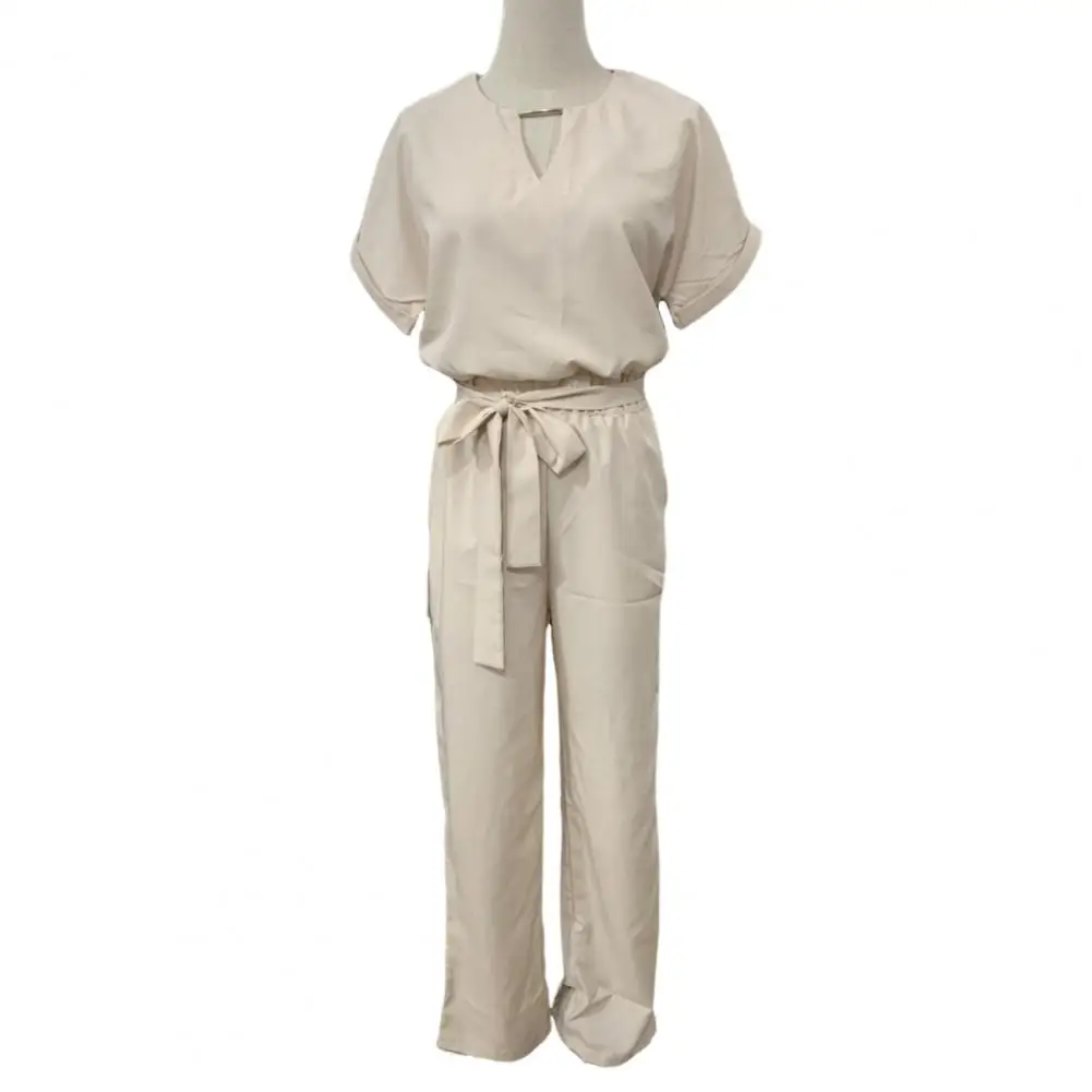 Bow Waist Jumpsuit Women Jumpsuit Elegant V-neck Lace-up Jumpsuit with Slim Waist Pleated Side Pockets for Ol Commute Chic Style