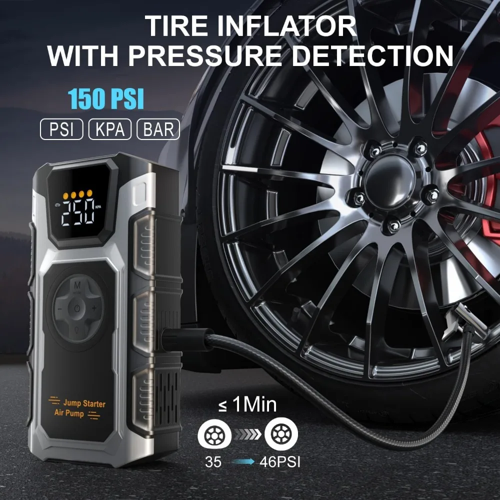 مشغل قفز السيارة مع ضاغط هواء، بطارية محمولة 5500 أمبير (غاز 9.0 لتر/ديزل 7.5 لتر)، صندوق قفز قوة بطارية السيارة 12 فولت