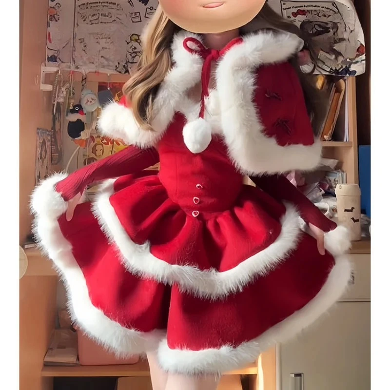 

Зимние рождественские комплекты из 2 предметов в стиле Лолиты, женский кавайный плюшевый плащ с бантом и капюшоном, милые тонкие мини-платья в корейском стиле Y2k, милый костюм
