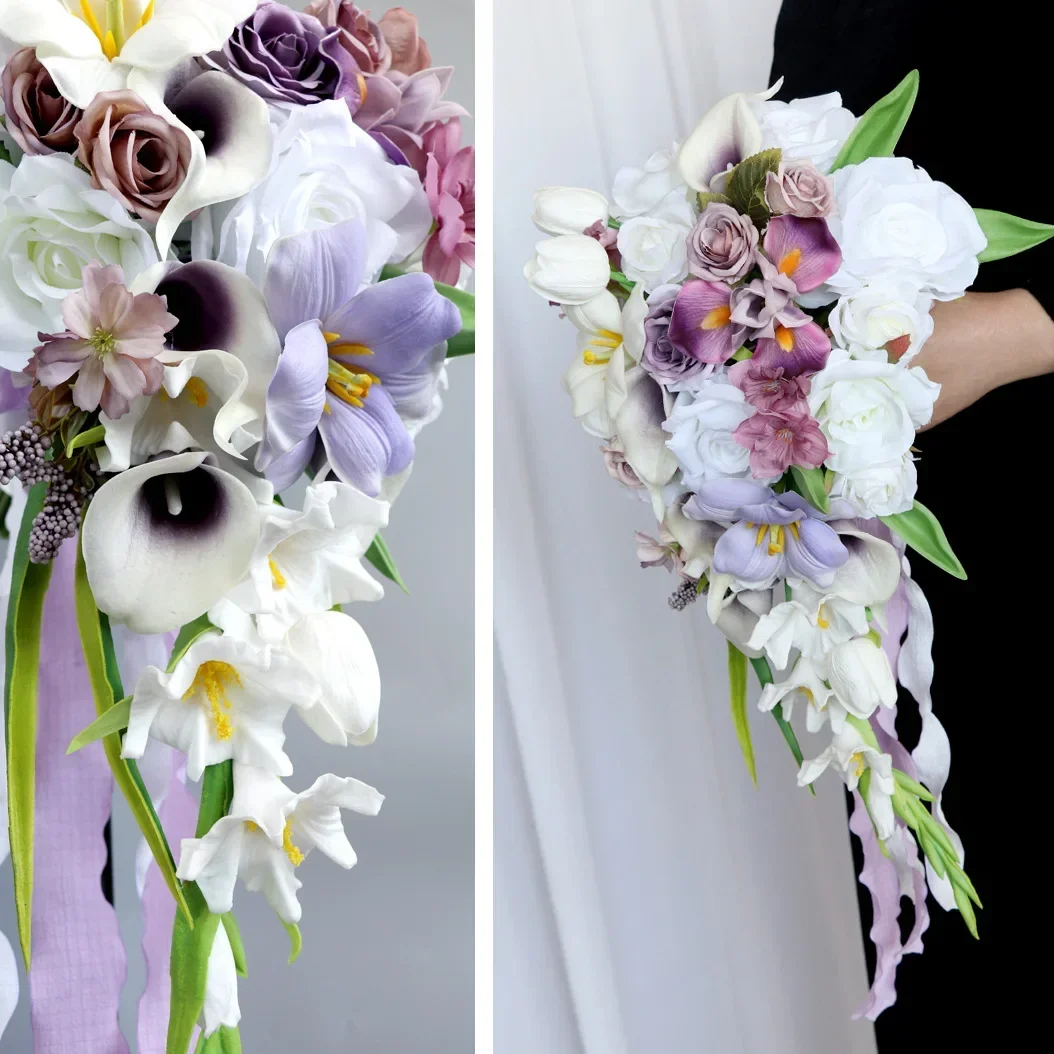 Ramo de boda para novia, flor Artificial blanca, ramos de novia en forma de gota de agua, boda Bohemia