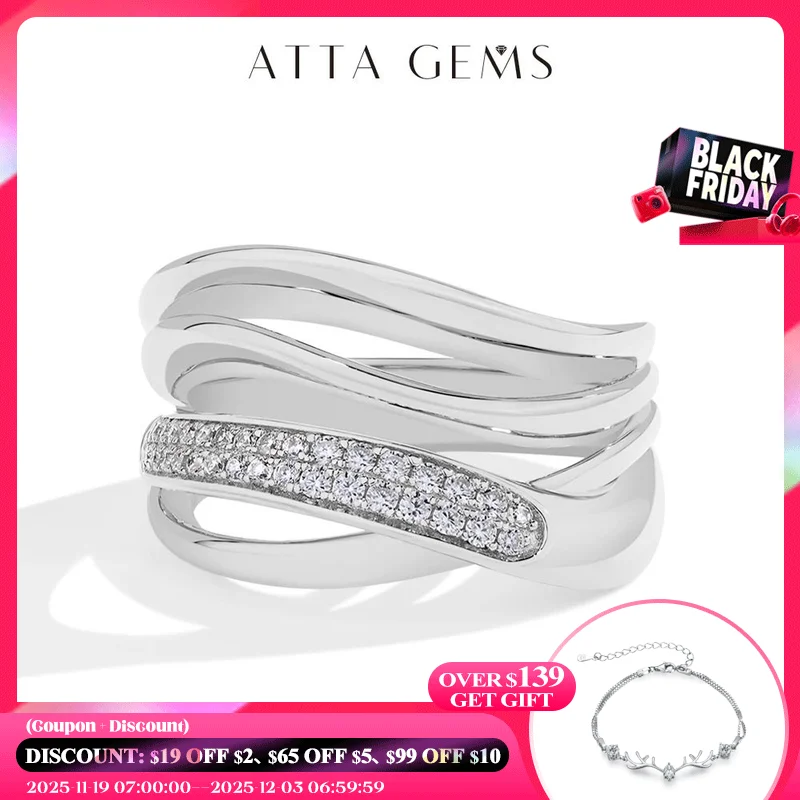 

ATTAGEMS 2024 S925 Муассанит кольцо для женщин серебро 18K позолоченное D VVS1 бриллиант 4-слойные линии свадебные ювелирные изделия бриллианты ежедневный подарок