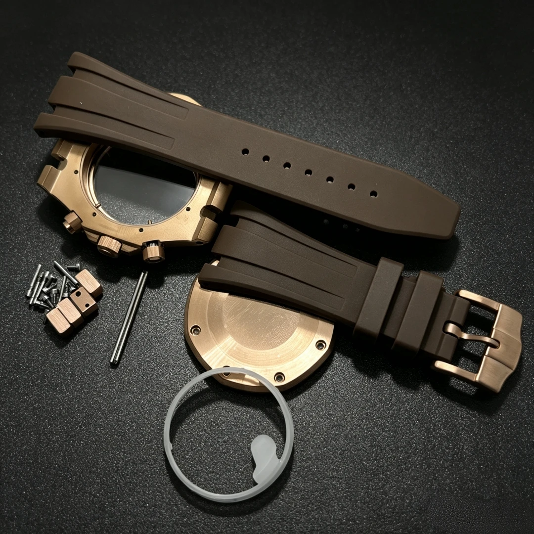 Black Rose Gold 41MM Rubber Steel Style Case Strap Watch Parts Buckle for Oak 31.8mm Dial VK63 Quartz Movement Watch Pointer Kit view 5