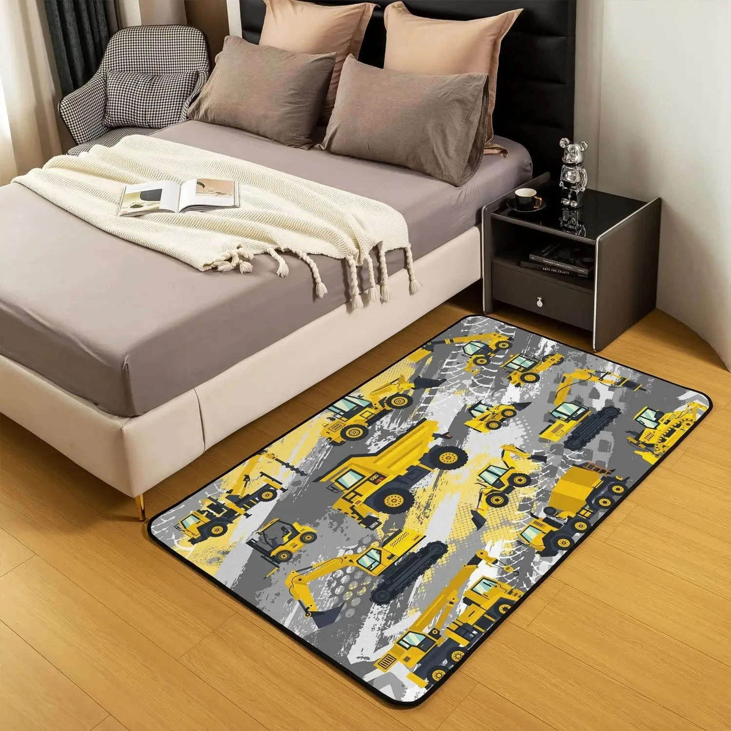 Cartoon Construction Truck Rug Excavator Print Non-Slip Floor Mat for Kids Room Playroom Bedroom Home Decor Carpet