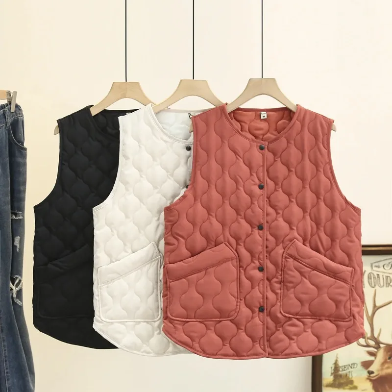 Plus Size Women Lightweight Cotton Vest Fashion Large Pockets Warm O-Neck Parka Autumn Winter Loose Casual Sleeveless Jacket