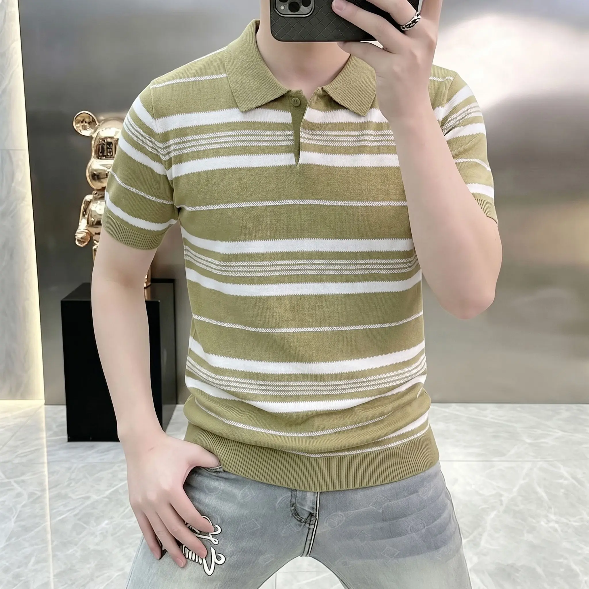 Summer New Style Men's Collarless Polo Shirt- Breathable Coolness Mesh Openwork Patterned Knitted