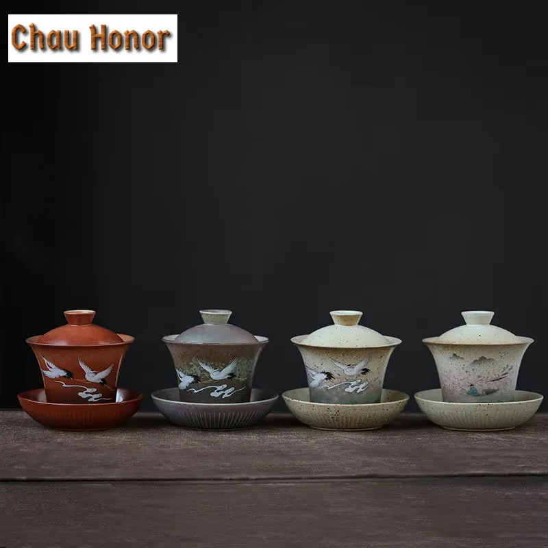 180ml Retro Coarse Pottery Sancai Gaiwan Tea Cup Household Tea Tureen Kung Fu Tea Set Tea Ceremony Customized Accessories Gift