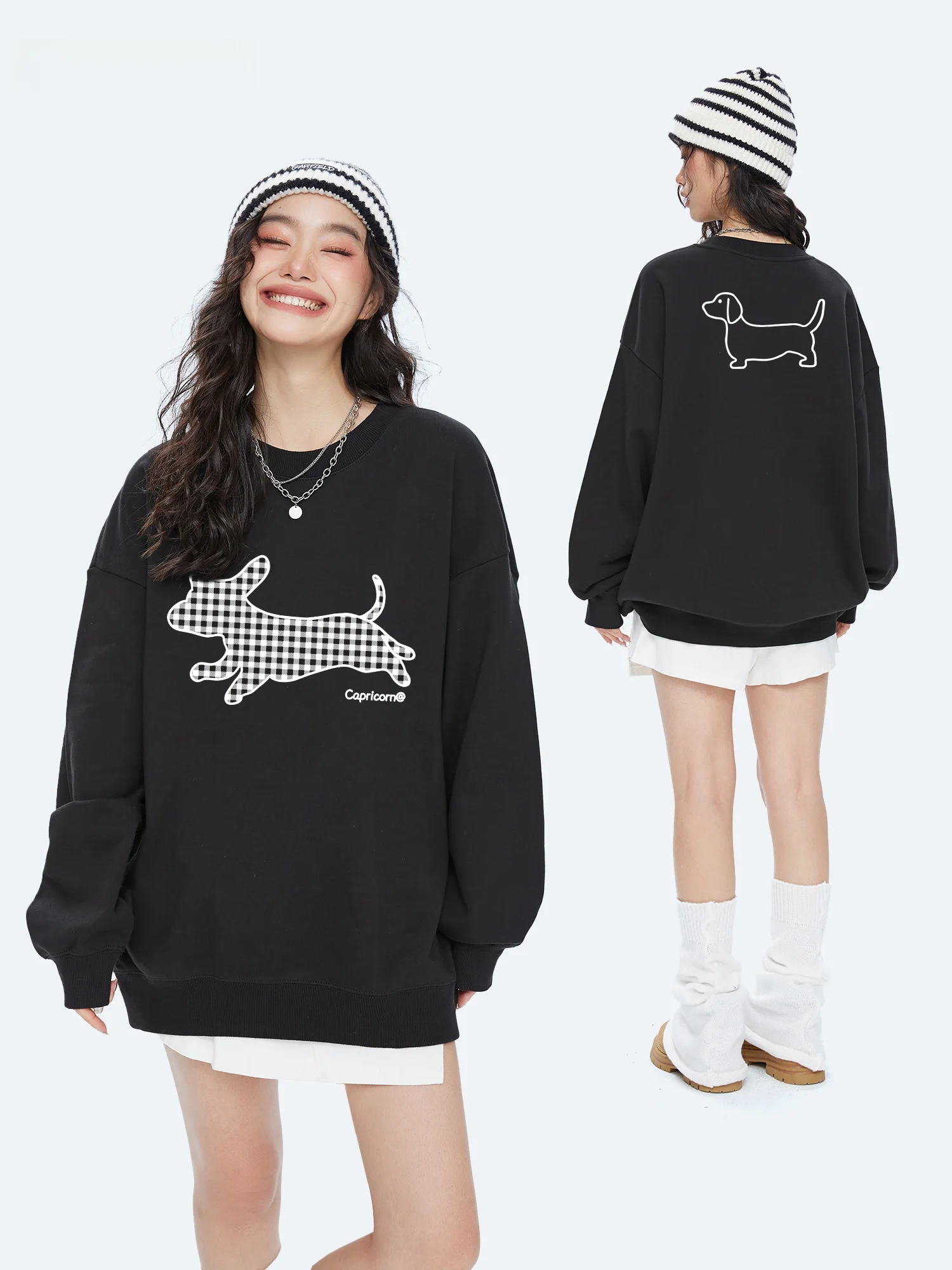 Capricorn American Retro Plaid Dog round Neck Sweatshirt Women's New 2026 Loose Fleece Long Sleeve Pullover Autumn Top