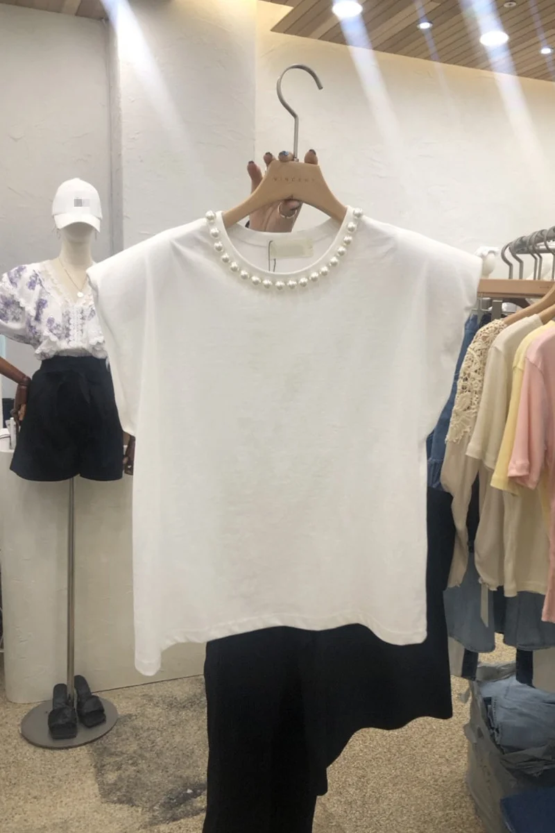 Solid Colored Beaded Round Neck Short Sleeve Shirts for Women 2024 Summer Tees White T-shirts Graphic T  Y2k Black Top