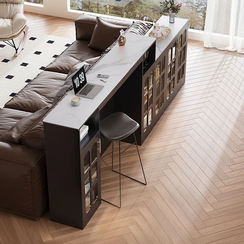 

American retro rock slab bar counter dining side cabinet integrated black bar table storage cabinet living room sofa back