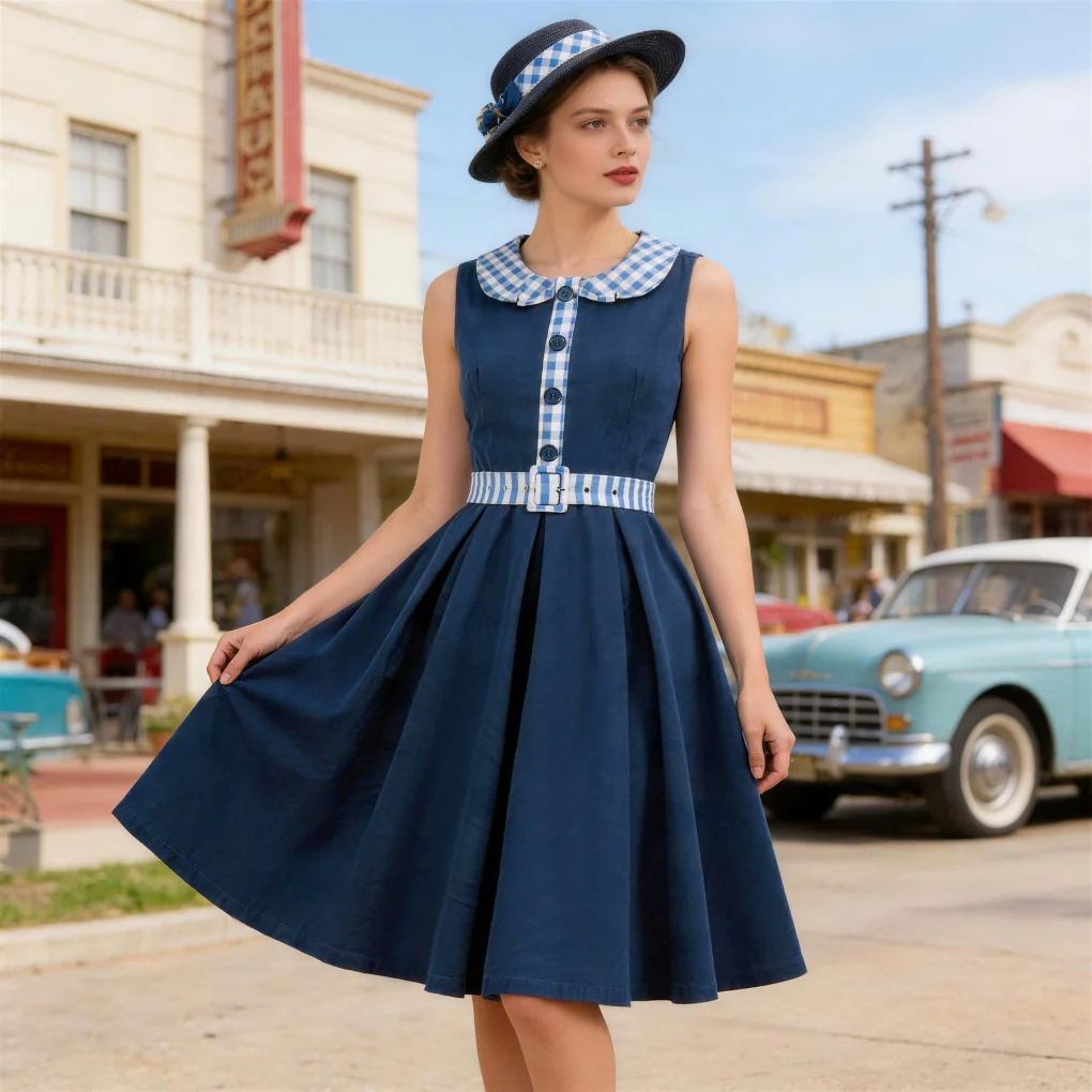 

Contrast Plaid Peter Pan Collar Vintage Pleated Dress Summer Sleeveless Belted Buttons Elegant Birthday Party Dresses For Women