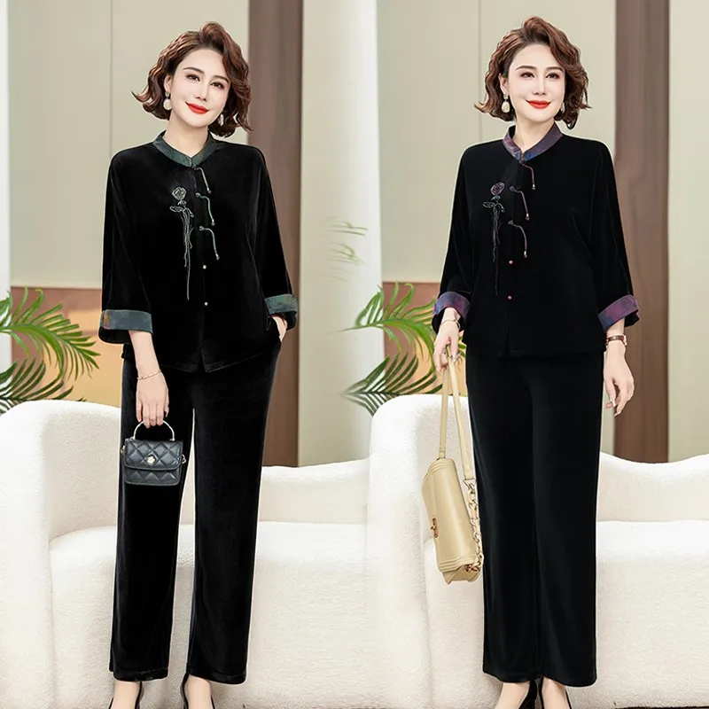 어머니 용수철 골드 벨벳 운동복 세트, 라지 사이즈 빈티지 에스닉 스타일, 중년 여성 스포츠웨어 슈트, 가을 신상, 2PCs