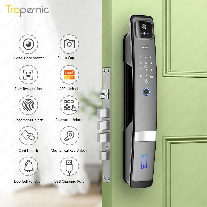 003 Tropernic Smart Door Keys Mobile Tuya Lock Waterproof Outdoor Smart Biometric Face Door Lock with Eye Scanner