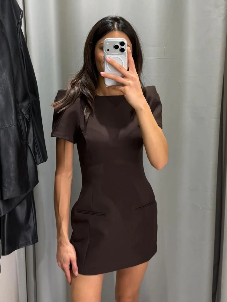 Tsiisd エレガンス ソリッド ミニドレス 女性用 テーパードウエスト 半袖 通勤 パッチワーク 夏 2026 女性用 パーティー イブニングドレス