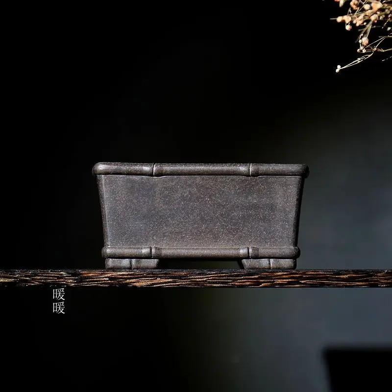 Ceramic Purple Sand Rectangle Bonsai Pot,Table Plant,Handmad Carved, Traditional Chinese Pattern,Garden Decoration