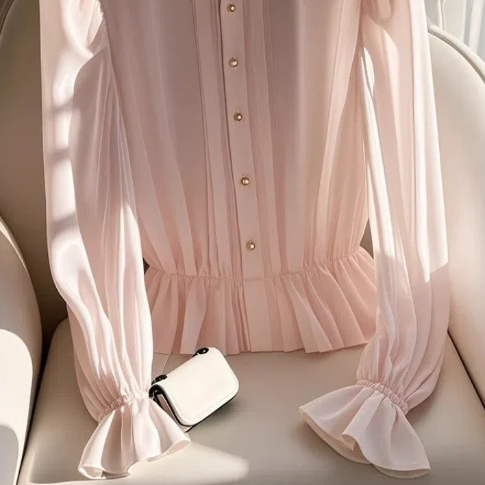 Unique and Beautiful French Style Light Luxury Exquisite Pink Long Sleeved Shirt