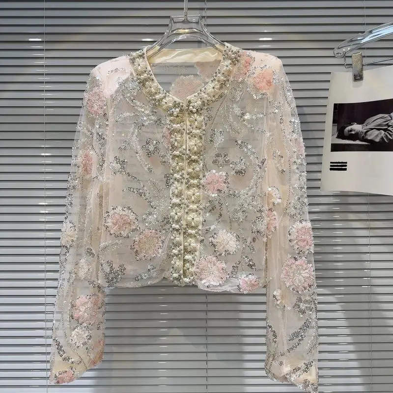 Spring Summer Women Pearls Beaded 3D Flowers Embroidery Sequin Organza Short Jacket Mesh Spliced Floral Coat Cardigan Tops 2025