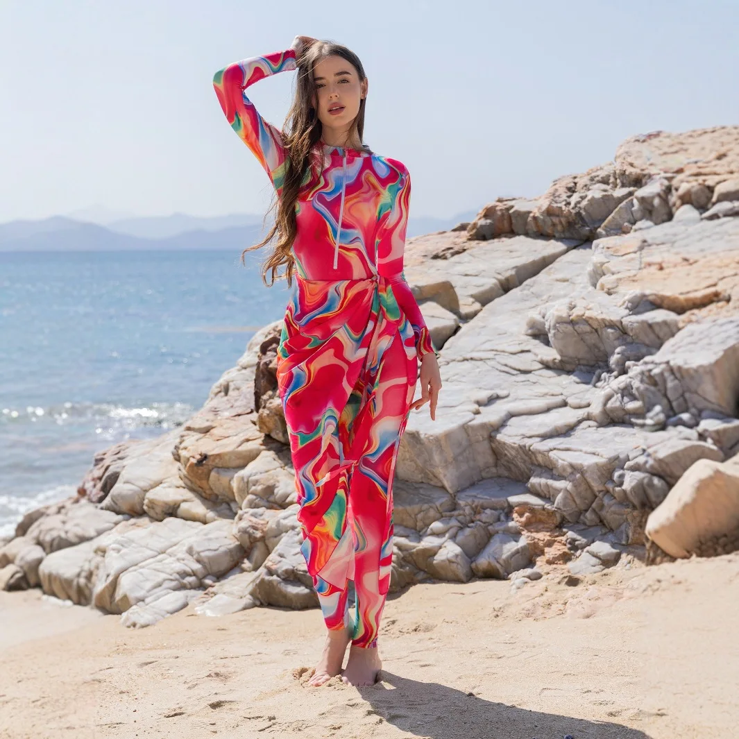 2-Piece Muslim Burkini Arabic Beachwear Print Modest Swimsuit with Wrap Skirt,Quick Dry UPF50+ Islamic Bathing Suit for Women