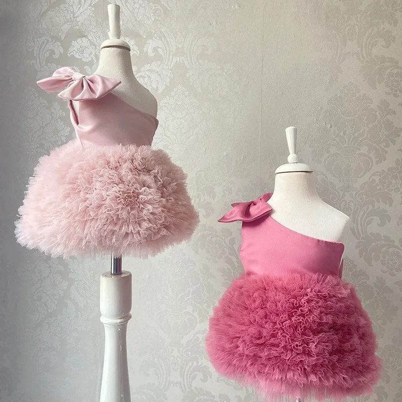 New Summer Fashion Children Girls Party Dress Single Shoulder Solid Color Casual TUTU Princess Dresses Kids Clothes H113