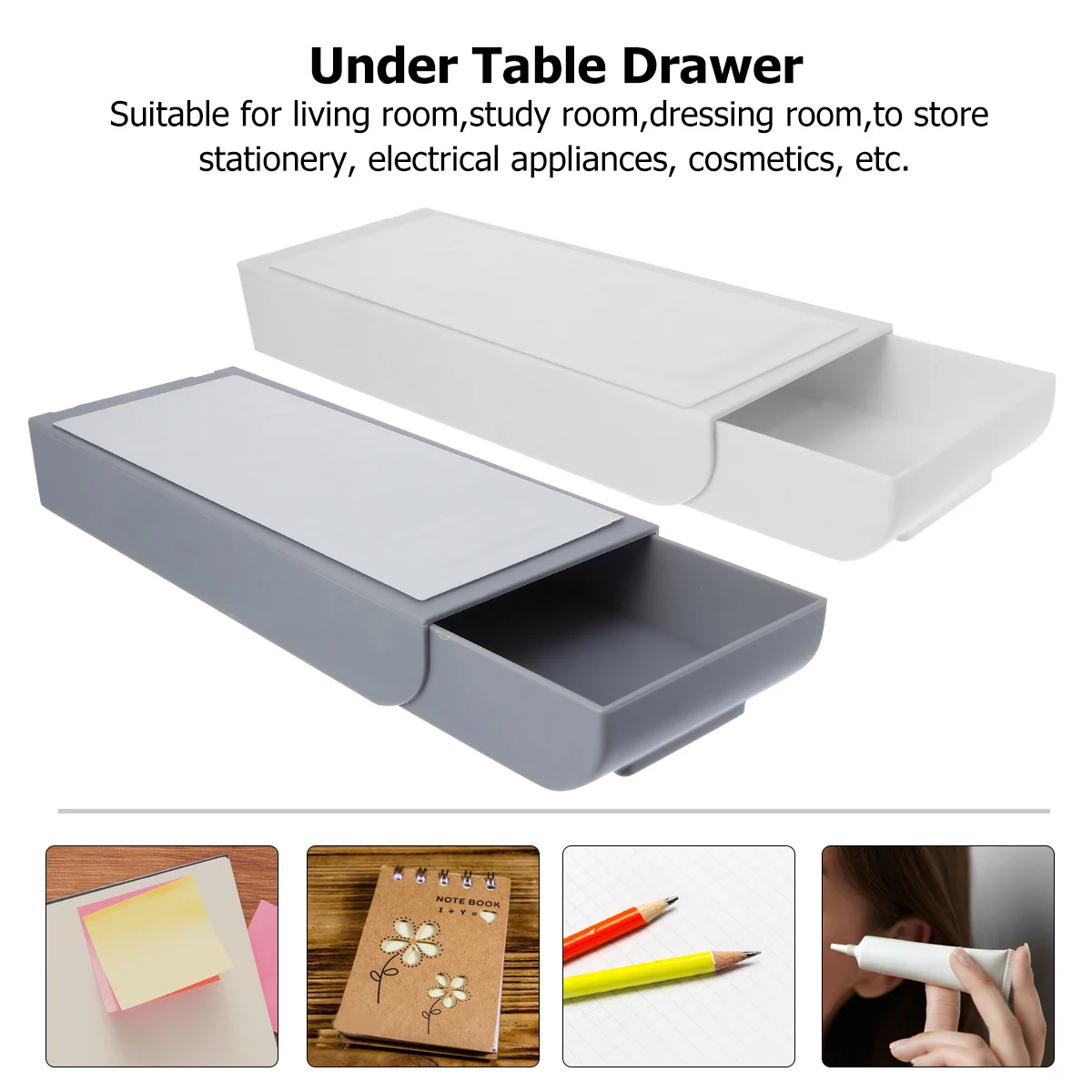 2Pcs Under Desk Pen Drawer Adhesive Hidden Storage Box Organizer for Stationery Electronics Cosmetics Under Table Drawer