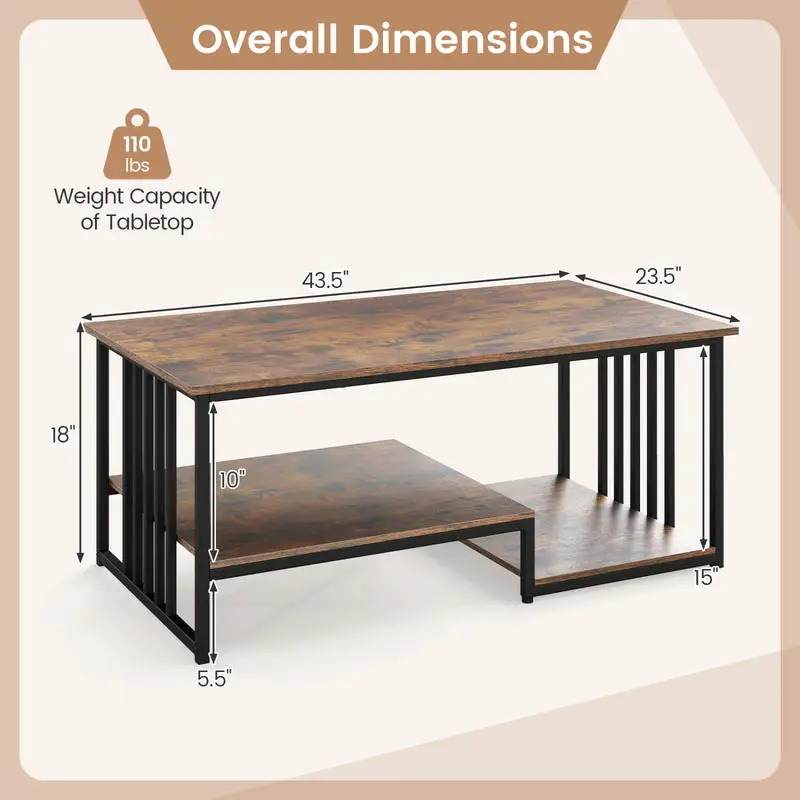 

43.5" Coffee Table 2-Tier with Open Storage Shelf-RusticBrown