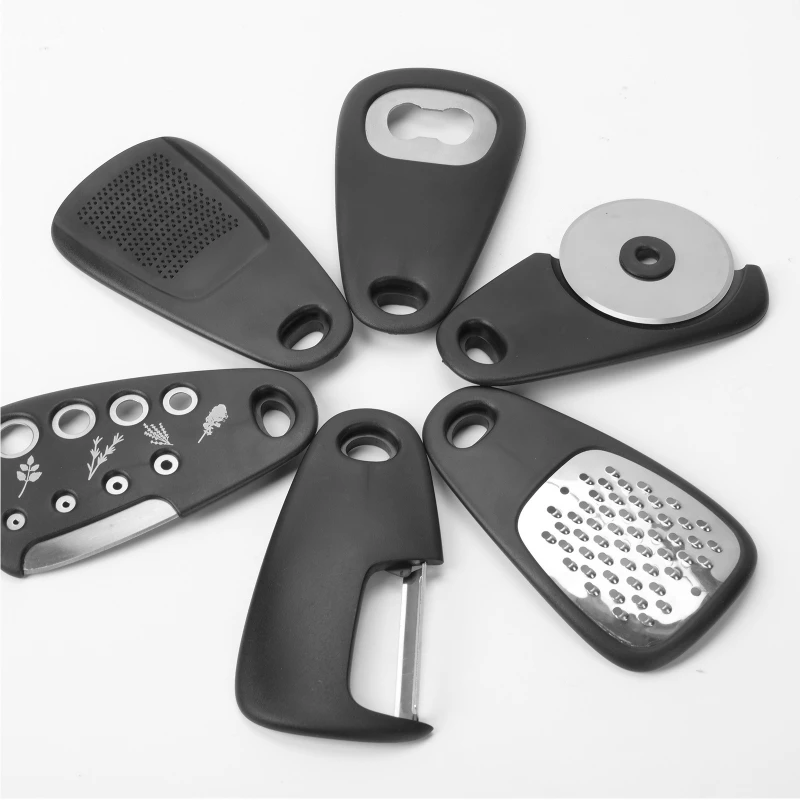 

Outdoor Camping Set 6 Pieces Cheese Grater Bottle Opener Fruit Vegetable Peeler Pizza Cutter Garlic Ginger Grinder Herb Stripper