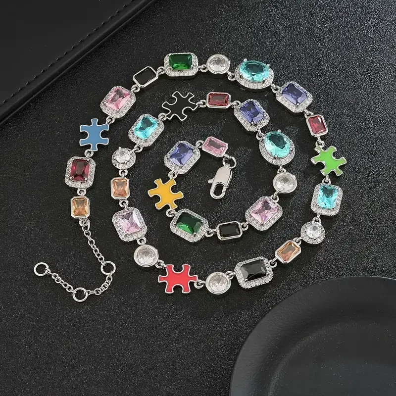 10MM Glamorous Colourful Zirconia Adjustable Puzzle Piece Necklace Iced Out Gemstone Chain For Men And Women Hip Hop Jewelry