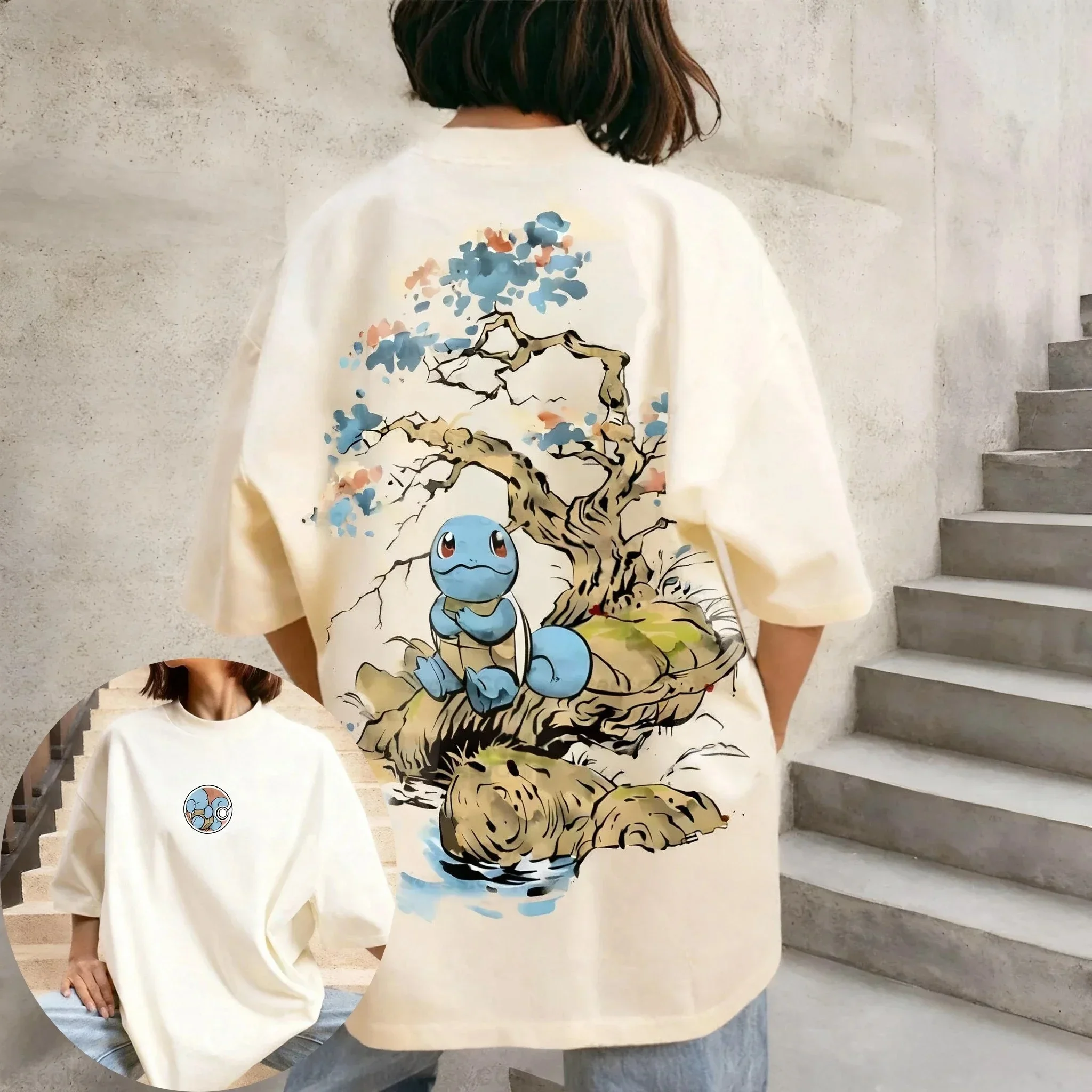 Pokémon Squirtle Graphic T-shirt Cotton O-neck Short Sleeve Double Sided Print Oversized Japanese Ukiyo Style Casual Summer Tops