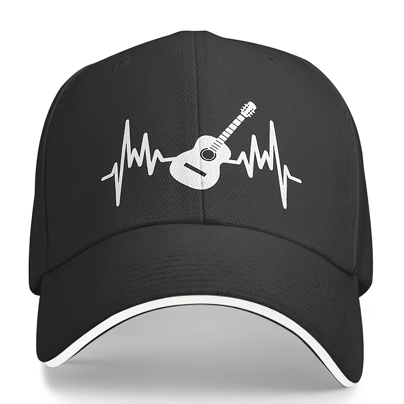 

Cool Classic Hippie Curved Brim Baseball Cap, Guitar Heartbeat Printed Trucker Hat, music lover for Casual Leisure Outdoor Sport