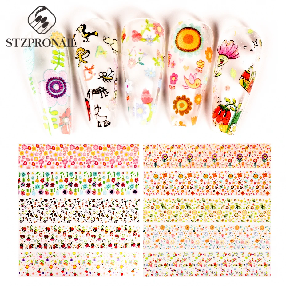 10pcs Nail Foil Sticker Transfer Set Grass Hiking Spring Summer Cute Sun Flower Floral Mixed Design Nail Art Decorations SLDXK02