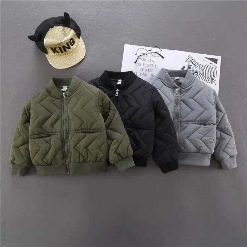 Children Solid Color Mid-length Quilted Jackets Winter Boys and Girls Loose Thicken Warm Half High Collar Cotton-padded Coats