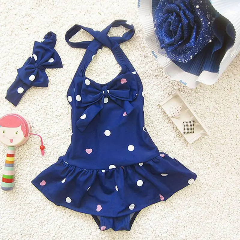 Baby Girls Swimwear Girls Beach Swimsuit One Pieces Swimming Suit Children Bodysuits Bow Tie Headband Lovely Kids Swim Clothes