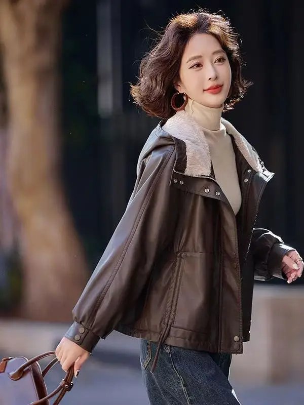 Thiened Fce 暖かいレザー風ジャケット レディース 冬用 小さいサイズ カジュアル ゆったり ファー付き フード付きコート ジッパー開閉 ロング丈...