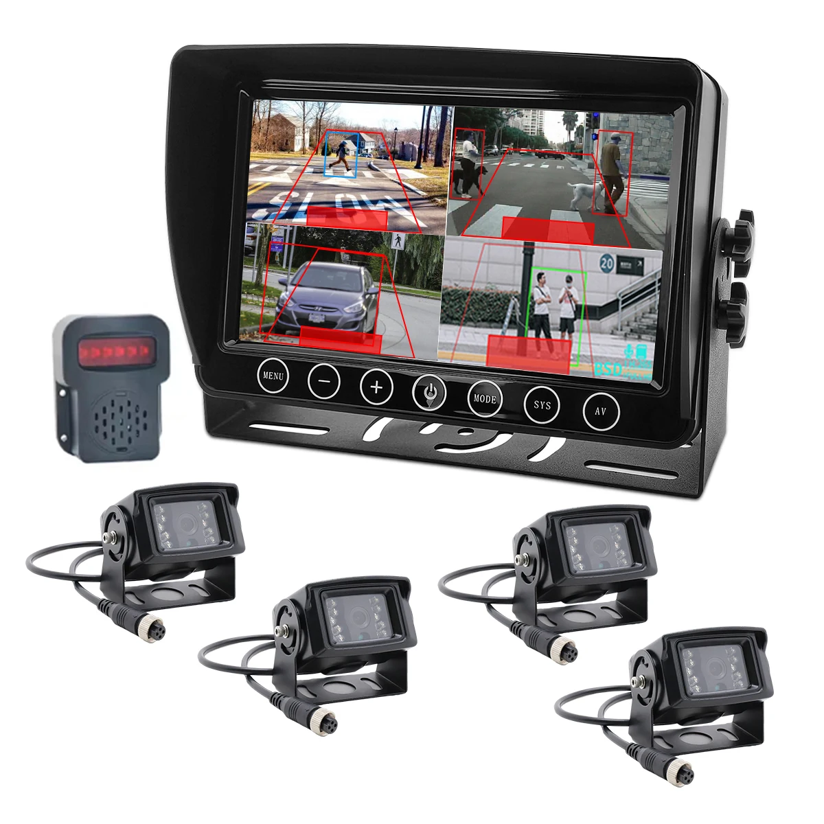 AI Monitor System 9 Inch Quad Image Backup Camera 4 Channels BSD Camera Kit with Speaker for Truck Bus Construction Equipment