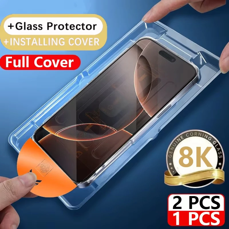 

1-2PCS 8K Dust Free Glass For iPhone 17 Pro 15 14 16 Pro Max Plus 13 12 Mini 16e Oleophobic Coating Full Cover Screen Protector