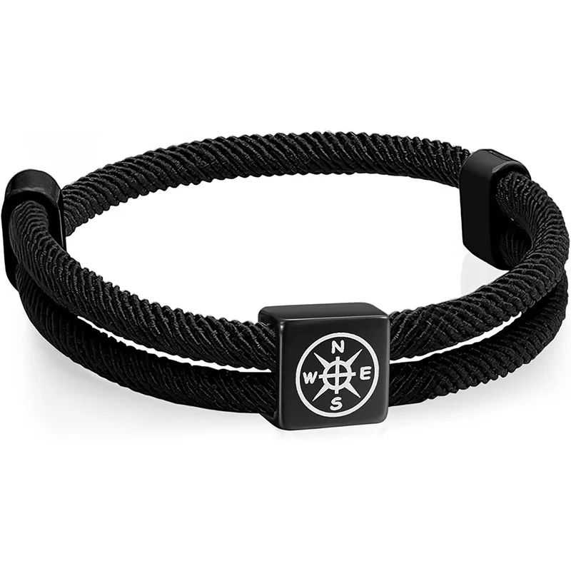 New Style Adjustable Length Black Twist Rope Bracelet with Compass Accessory Bold Fashion Bangle Daily Wear Jewelry for Male