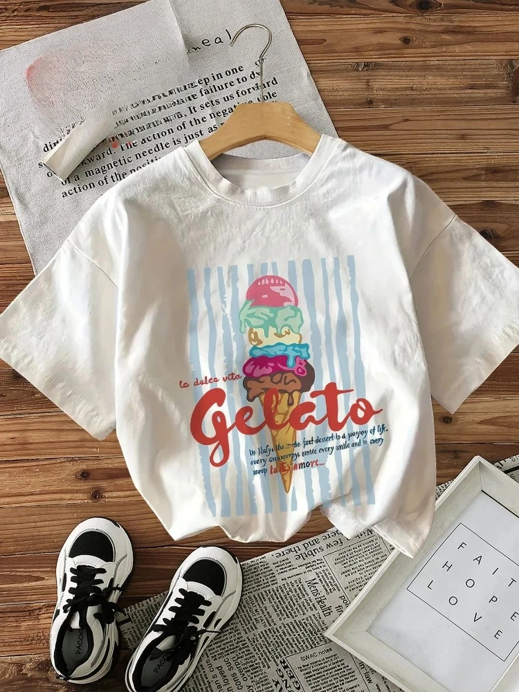 Spring and Summer Casual Women's Graphic Top Tee Ice Cream A 'Le Dolce Vita Gelato' Print Shirt Round Neck Short-Sleeve T-Shirt