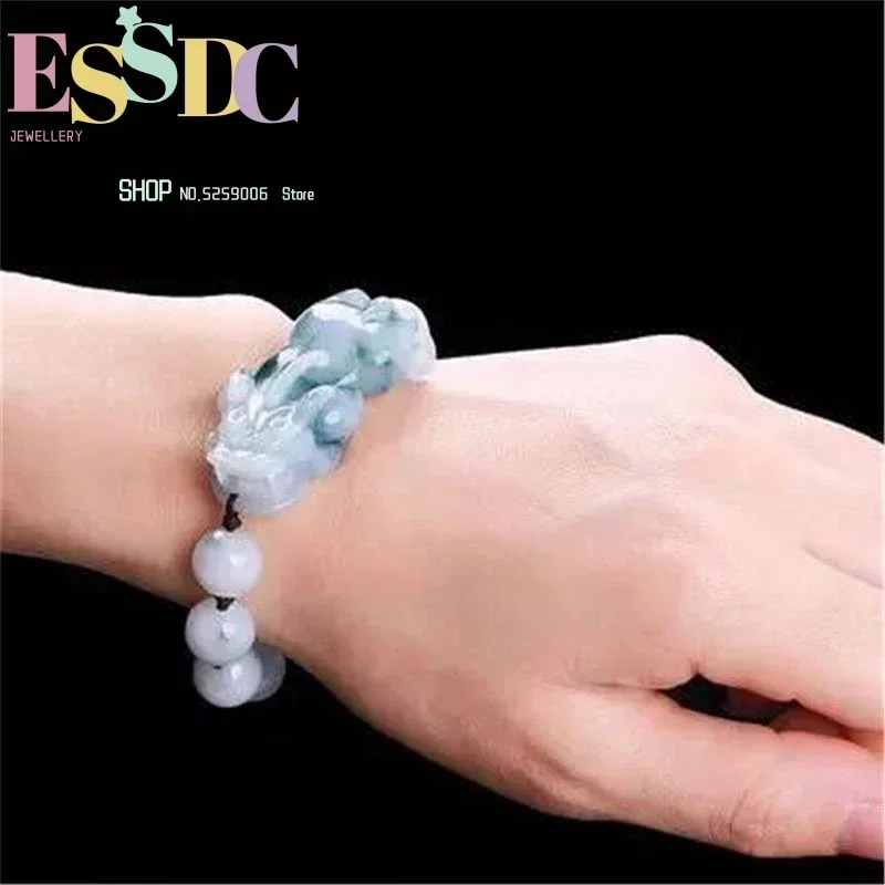 Dropship Natural 5A Class Burma Jadeite Float Blue Flowers Pixiu Charm Round Beads Bracelet Men Women Jewelry Gift +Certificate