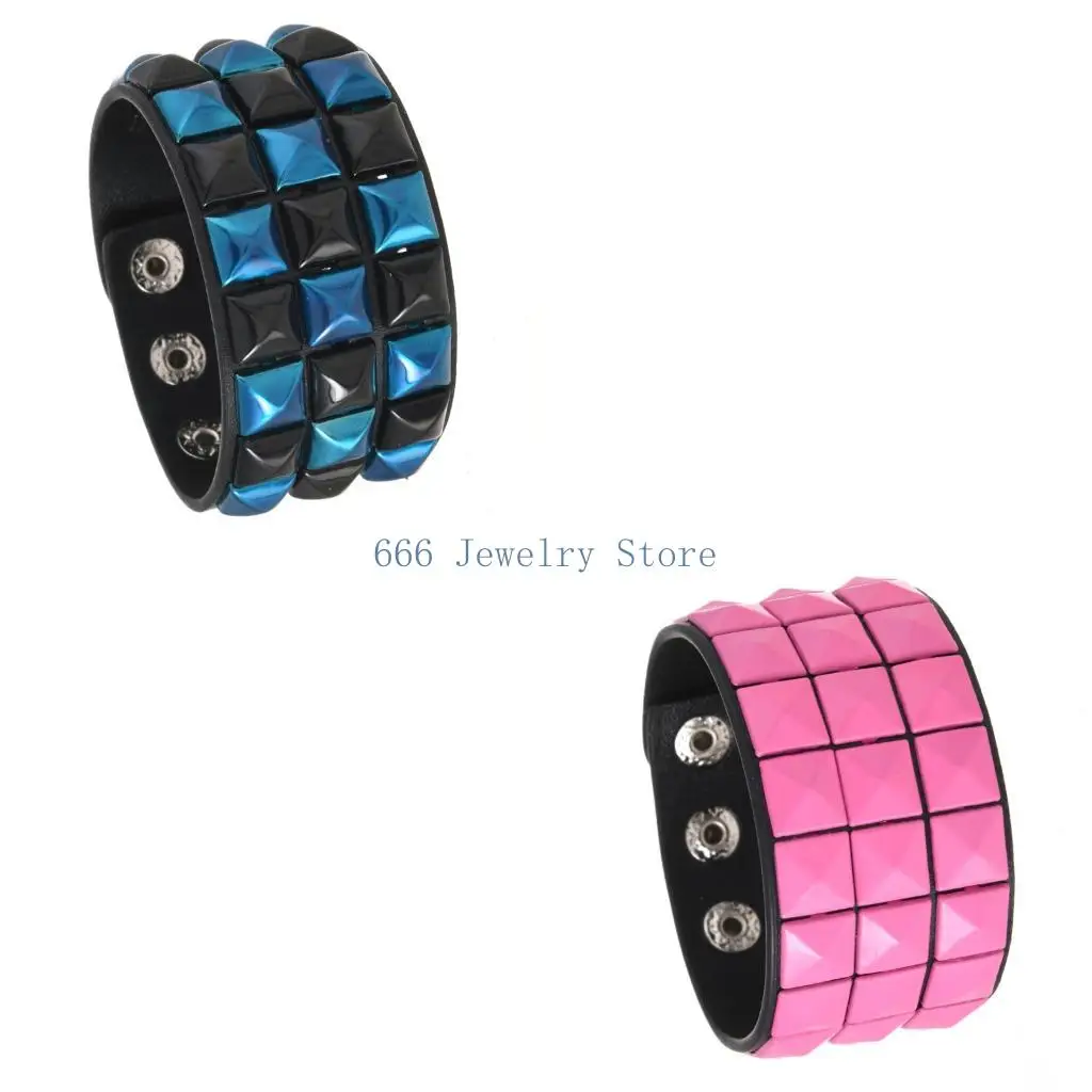 F2TD Square Studded Leather Punk Bracelet Adjustable Soft Comfortable Wristlet for Men Women Fashion Accessory
