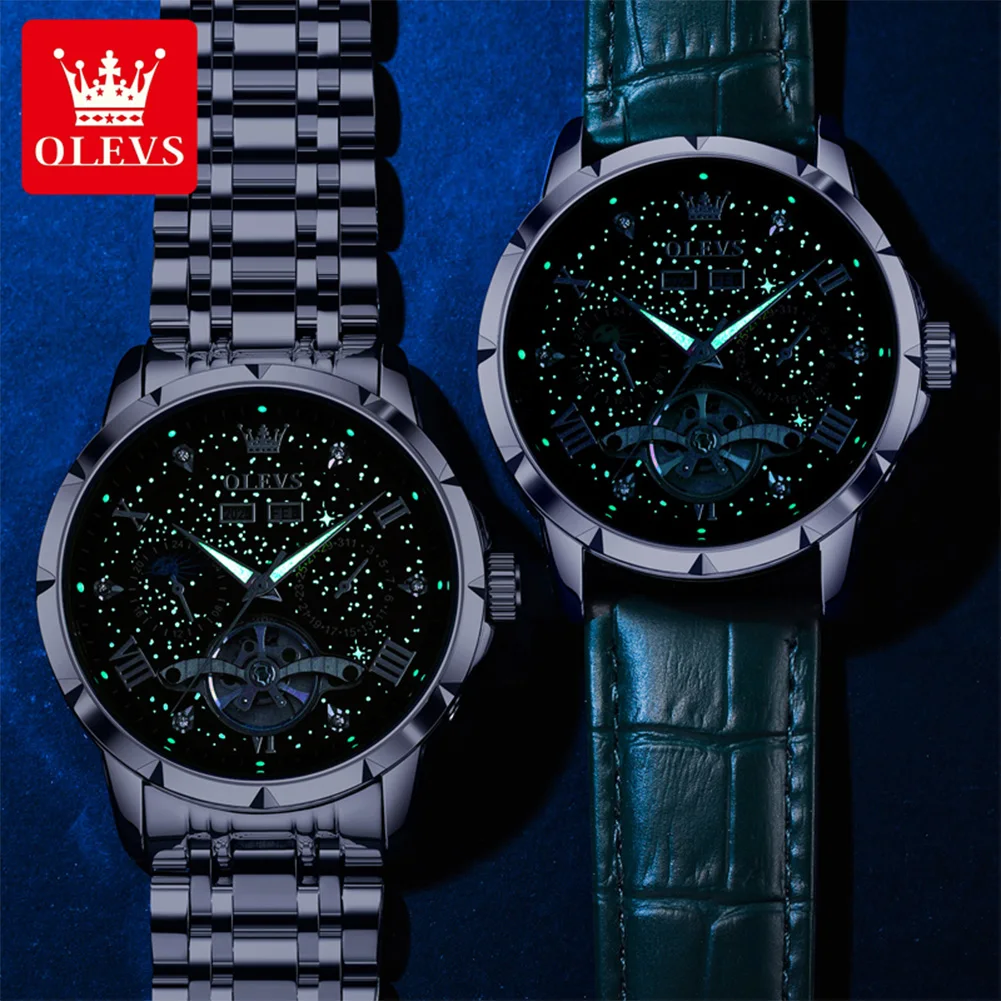 OLEVS 6690 أفضل الساعات الأوتوماتيكية للرجال السماء المرصعة بالنجوم الهيكل العظمي تصميم القمر المرحلة تاريخ حزام من الجلد مضيئة مقاوم للماء ساعة اليد