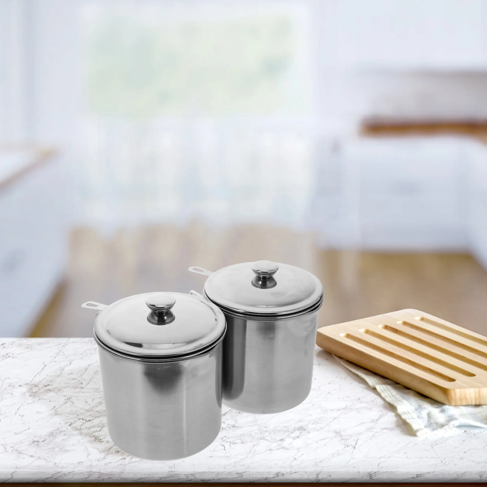 

2pcs Stainless Steel Strainer Pot With Lid Oil Storage Container Household Grease Filter Can Anti-Scald Handle Fine Mesh Kitchen