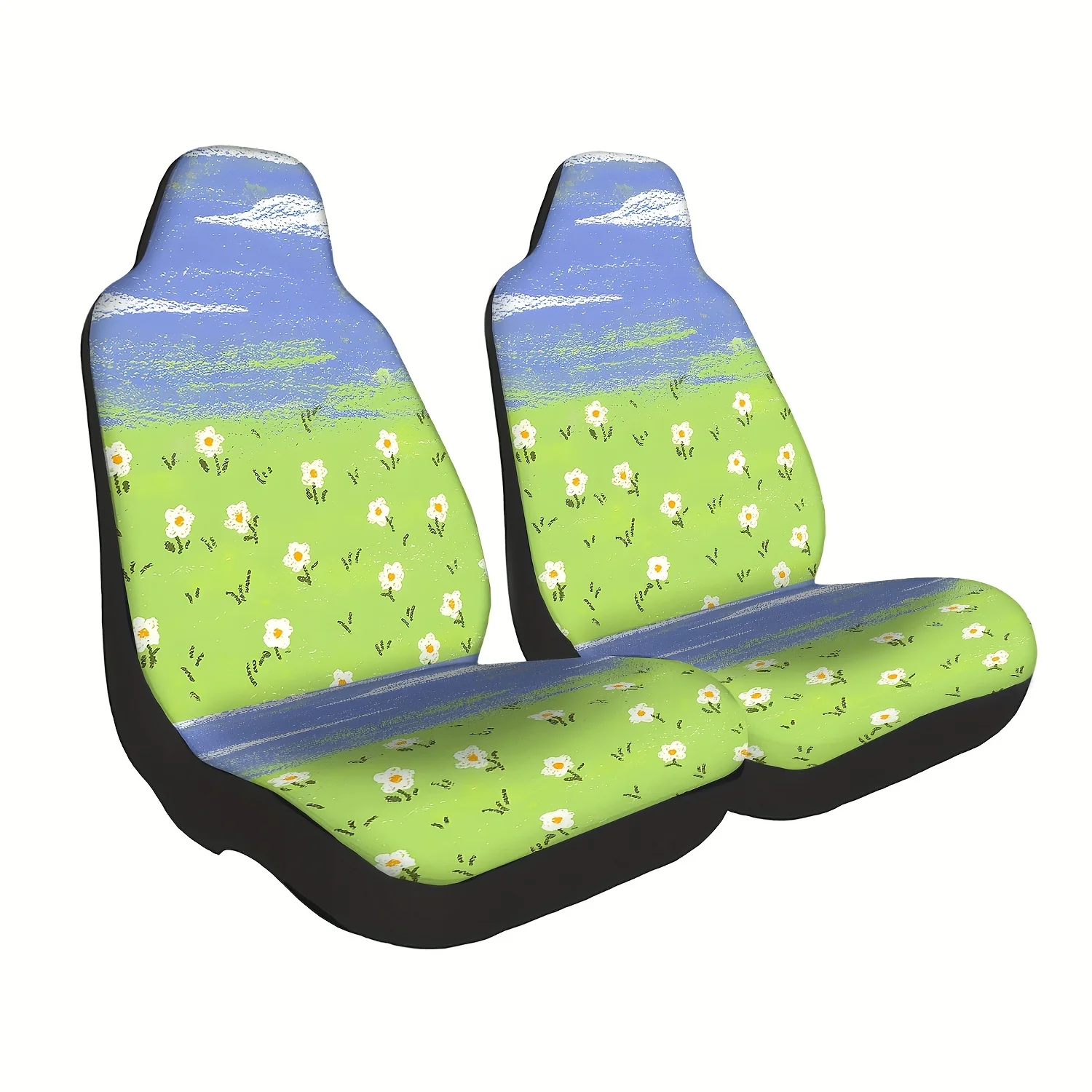 Set Of 2 Cute Daisy Garden Pattern Car Seat Covers, Adorable Interior Additions For Front Seats, Suitable For Cars, Trucks, Vans